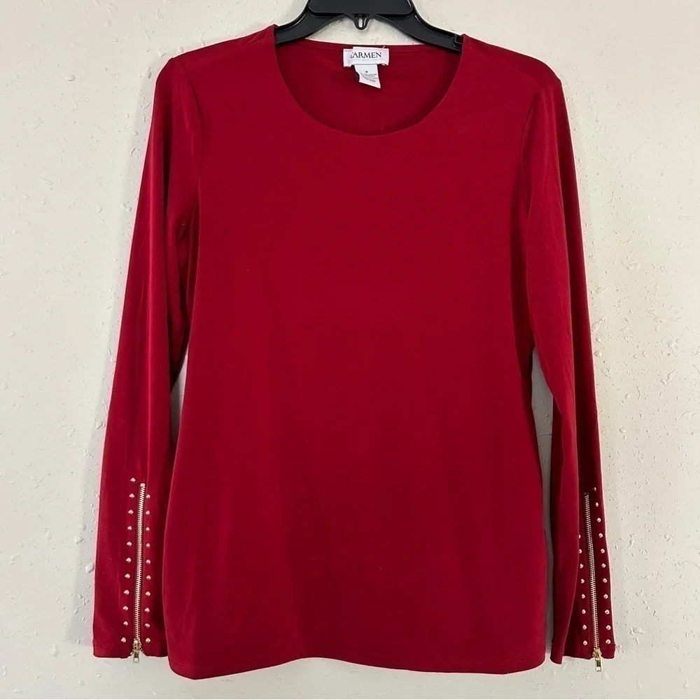 🦋 Carmen Marc Volvo Red Gold Detail Long Sleeve Blouse Small Medium Stretch